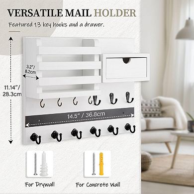Rustic Key Mail Holder 13 Hooks Wall Mount with Drawer