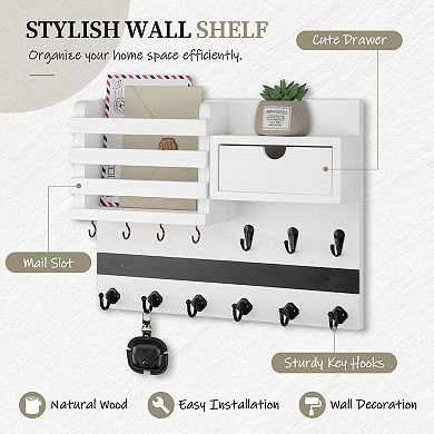 Rustic Key Mail Holder 13 Hooks Wall Mount with Drawer
