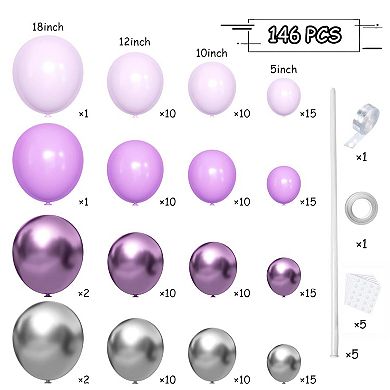 Grey & Purple Arch Kit Silver Balloon Garland 146pcs For Wedding, Shower Or Party Decorations