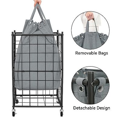 Rolling Metal Wire Frame Laundry Basket with Removable Bag 100L