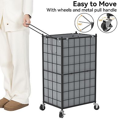 Rolling Metal Wire Frame Laundry Basket with Removable Bag 100L