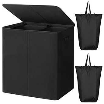 Double Laundry Hamper with Lid Removable Bags Collapsible 140L