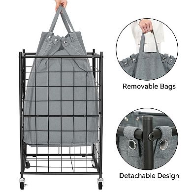 Rolling Metal Wire Frame Laundry Basket with Removable Bag 100L