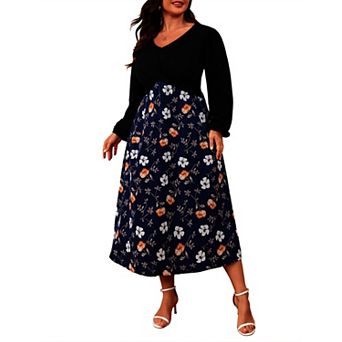 Plus Size Women Dress V Neck Long Sleeve Pocketed Wedding Guest Layer Casual Midi Dress