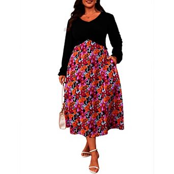 Plus Size Women Dress V Neck Long Sleeve Pocketed Wedding Guest Layer Casual Midi Dress