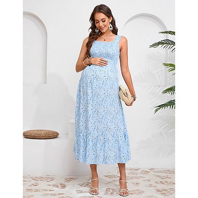 Maternity Summer Dress Strappy Ruffle Boho Swing Midi Dress