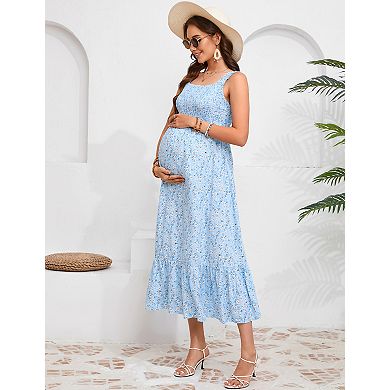 Maternity Summer Dress Strappy Ruffle Boho Swing Midi Dress
