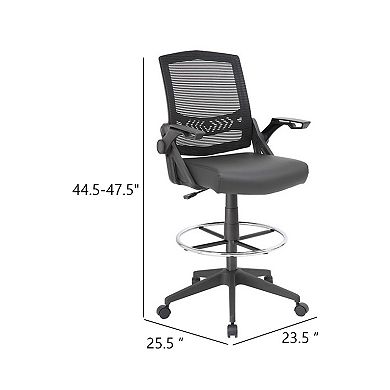 Drafting Stool Chair, Flip-Up Arms, Black Linear Mesh, Chrome Footring