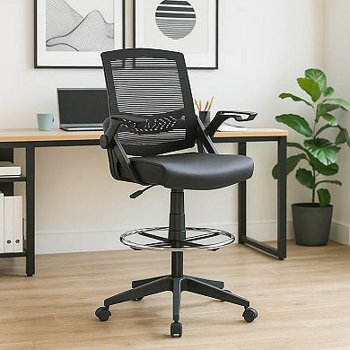 Drafting Stool Chair, Flip-Up Arms, Black Linear Mesh, Chrome Footring