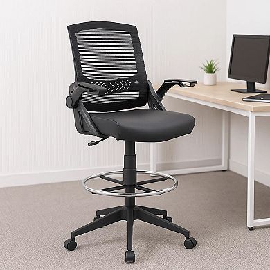 Drafting Stool Chair, Flip-Up Arms, Black Linear Mesh, Chrome Footring