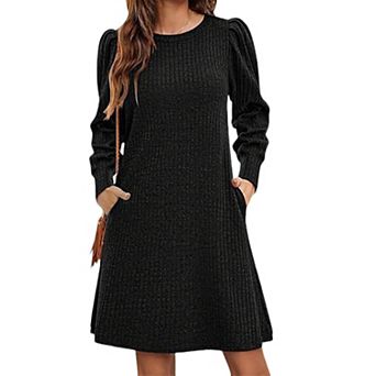 Women's Knitted Puff Sleeve Mini Dress Ribbed Long Sleeve Round Neck Casual Dresses