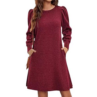 Women's Knitted Puff Sleeve Mini Dress Ribbed Long Sleeve Round Neck Casual Dresses