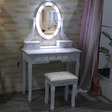Modern Makeup Vanity, Girls Vanity Set with Lighted Mirror and Cushioned Stool, Make Up Table
