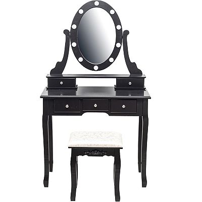Modern Makeup Vanity, Girls Vanity Set with Lighted Mirror and Cushioned  Stool, Make Up Table
