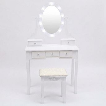 Modern Makeup Vanity, Girls Vanity Set with Lighted Mirror and Cushioned Stool, Make Up Table