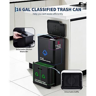 16 Gal Trash Can, 2 Compartment Garbage Can with Compost Bin,Removable Inner Bucket