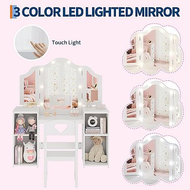Kids Vanity Table, Girls 2 in 1 Princess Makeup Desk with Chair,Tri-Folding Mirror