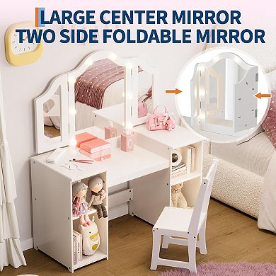 Kids Vanity Table, Girls 2 in 1 Princess Makeup Desk with Chair,Tri-Folding Mirror