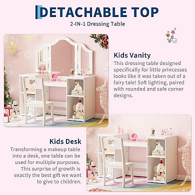 Kids Vanity Table, Girls 2 in 1 Princess Makeup Desk with Chair,Tri-Folding Mirror