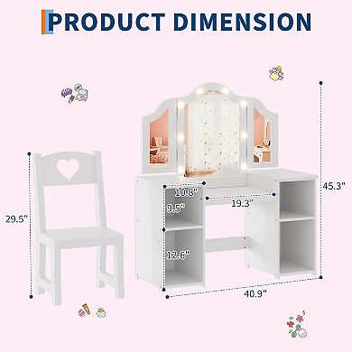 Kids Vanity Table, Girls 2 in 1 Princess Makeup Desk with Chair,Tri-Folding Mirror