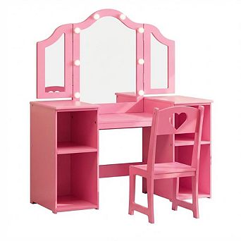 Kids Vanity Table, Girls 2 in 1 Princess Makeup Desk with Chair,Tri-Folding Mirror