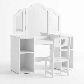 Kids Vanity Table, Girls 2 in 1 Princess Makeup Desk with Chair,Tri-Folding Mirror