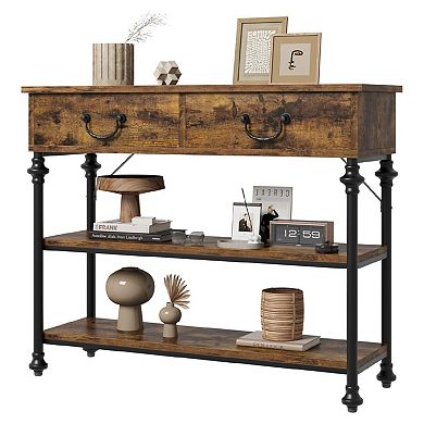 Space-Saving Narrow Console Table with 2 Drawers & Open Shelves