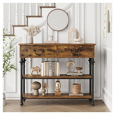 Space-Saving Narrow Console Table with 2 Drawers & Open Shelves
