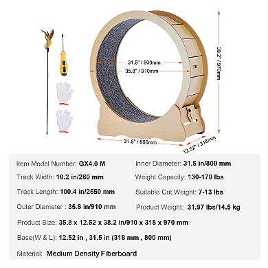 35.8-inch Cat Exercise Wheel, Large Cat Treadmill Wheel for Indoor Cats, Brown