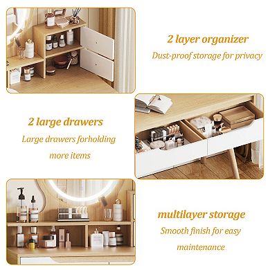 Dressing Table with 3 Height-Adjustable Lighted Mirrors, 4 Drawers and 3 Open Shelves