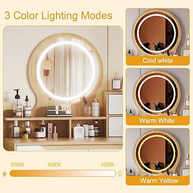 Dressing Table with 3 Height-Adjustable Lighted Mirrors, 4 Drawers and 3 Open Shelves