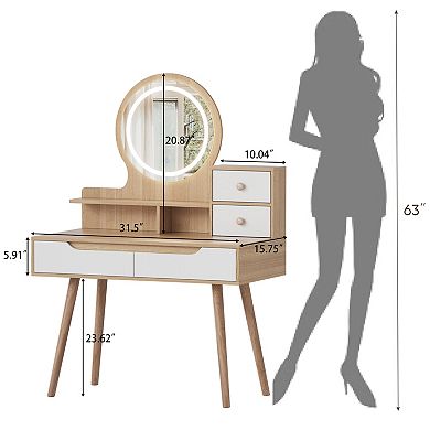 Dressing Table with 3 Height-Adjustable Lighted Mirrors, 4 Drawers and 3 Open Shelves