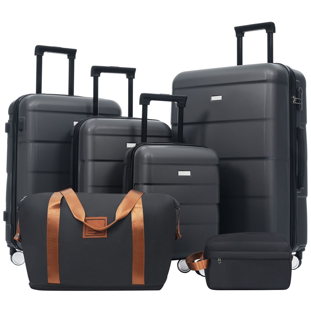 6-Piece Hardside Luggage Set with Duffle and Toiletry Bag, Lightweight Spinner Suitcases - Charcoal
