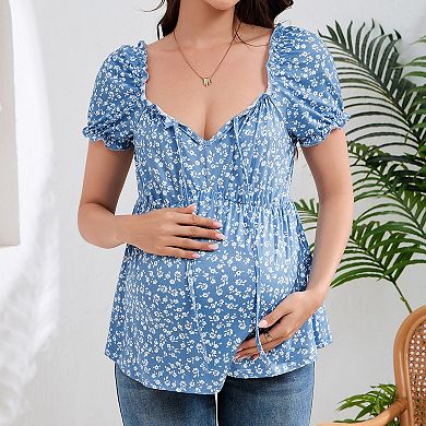 Women's Maternity Square Neck Ruffle Trim Tie Front Short Sleeve Peplum Top Casual Pregnancy Blouse