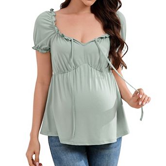 Women's Maternity Square Neck Ruffle Trim Tie Front Short Sleeve Peplum Top Casual Pregnancy Blouse