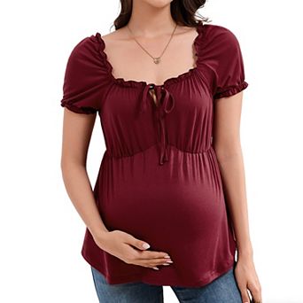 Women's Maternity Square Neck Ruffle Trim Tie Front Short Sleeve Peplum Top Casual Pregnancy Blouse