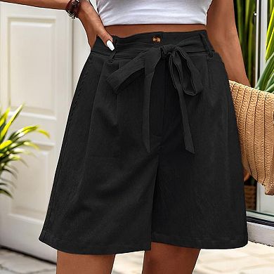 Women's High Waist Shorts Elastic Back Side Pockets Casual Summer Shorts With Belt