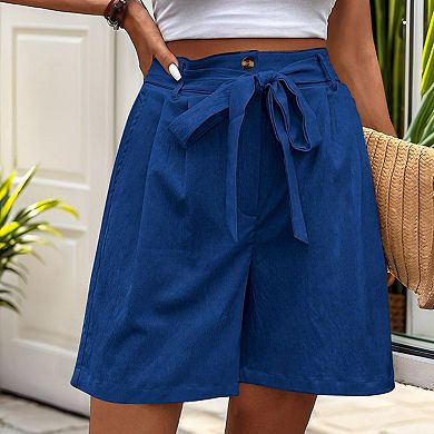 Women's High Waist Shorts Elastic Back Side Pockets Casual Summer Shorts With Belt