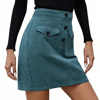 Women's High Waist Decorative Button Front Mini Skirt Casual Fitted Skirts