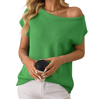 Women's One Shoulder Short Sleeve Knit Top Summer Loose Fit Casual Sweater Blouse