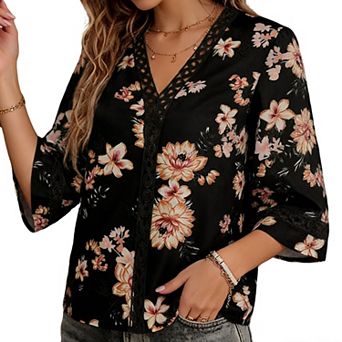 Women's Floral Print V Neck T-Shirts Summer Short Sleeve Loose Fit Casual Blouse