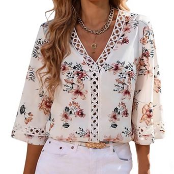 Women's Floral Print V Neck T-Shirts Summer Short Sleeve Loose Fit Casual Blouse