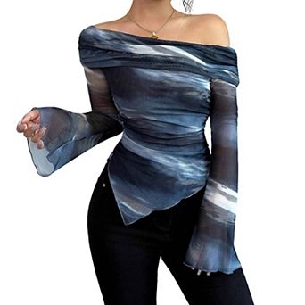 Women's Off Shoulder Long Sleeve Top Printed Slim Fit T Shirt Blouse