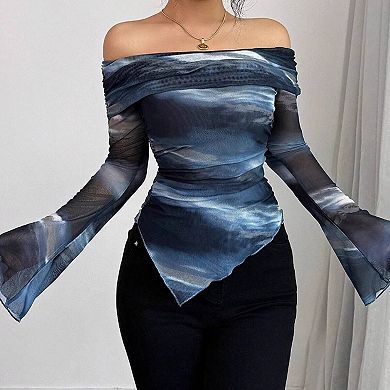 Women's Off Shoulder Long Sleeve Top Printed Slim Fit T Shirt Blouse