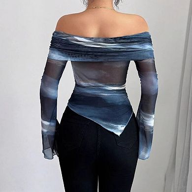 Women's Off Shoulder Long Sleeve Top Printed Slim Fit T Shirt Blouse
