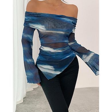 Women's Off Shoulder Long Sleeve Top Printed Slim Fit T Shirt Blouse