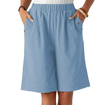 Women's Elastic Waist Shorts Summer Casual Straight LegKnee Length Shorts With Pockets