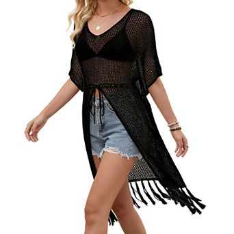 Women's Beach Cover Up V Neck Short Sleeve Drawstring Waist Fringe Hem Swimsuit Cover Up