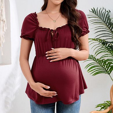 Women's Maternity Square Neck Ruffle Trim Tie Front Short Sleeve Peplum Top Casual Pregnancy Blouse