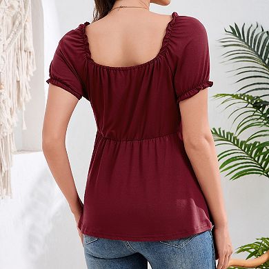 Women's Maternity Square Neck Ruffle Trim Tie Front Short Sleeve Peplum Top Casual Pregnancy Blouse